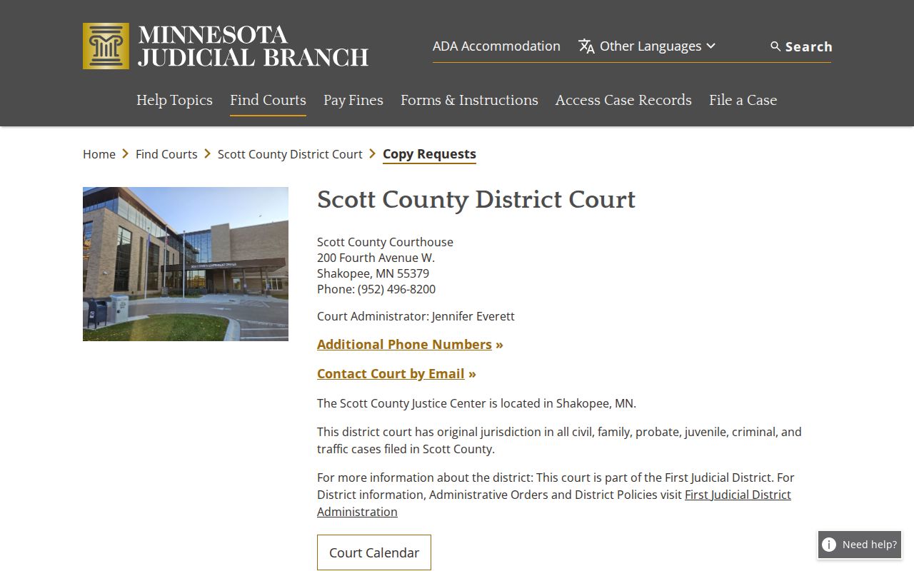 Scott County warrant records and the Scott County District Court contact page