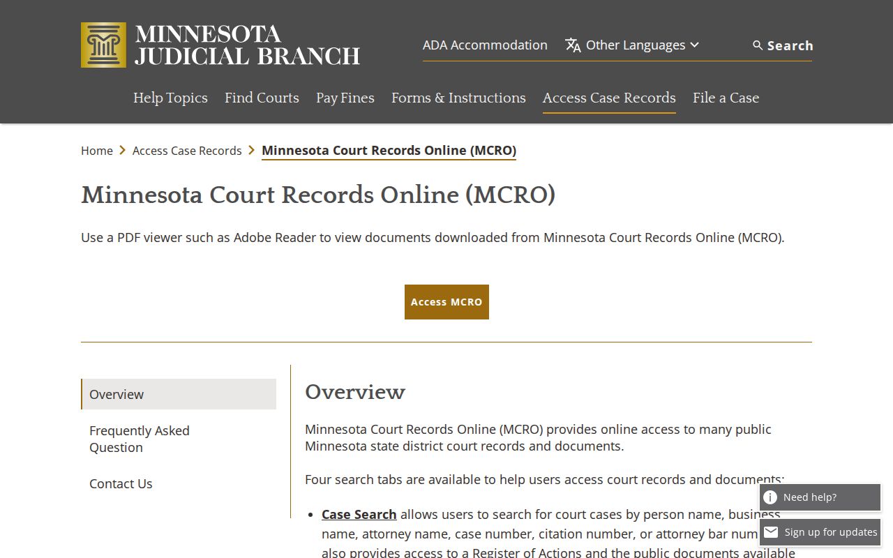 Scott County warrant search using the Minnesota Court Records Online case search tabs