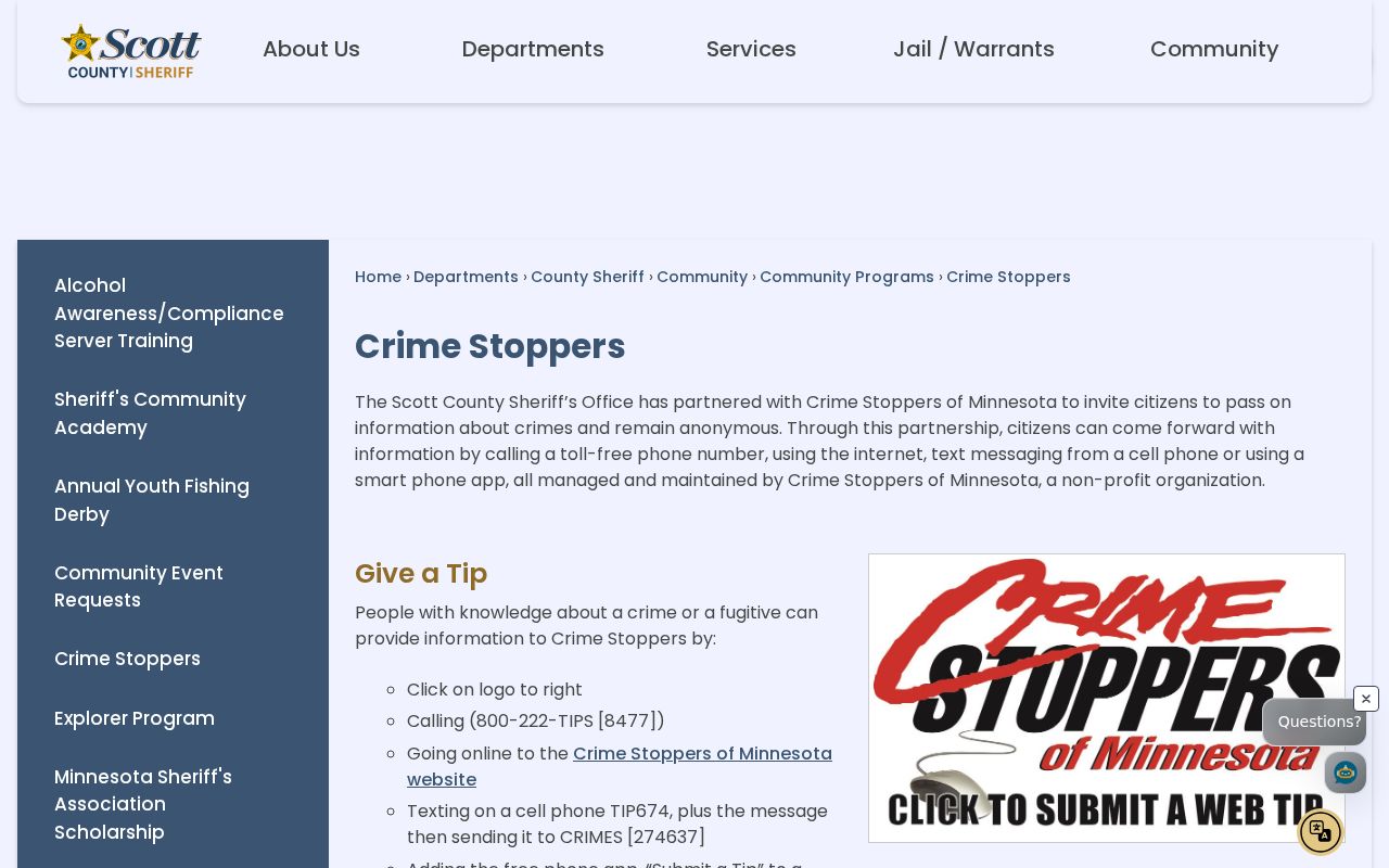 Scott County warrant records Crime Stoppers anonymous tip program page