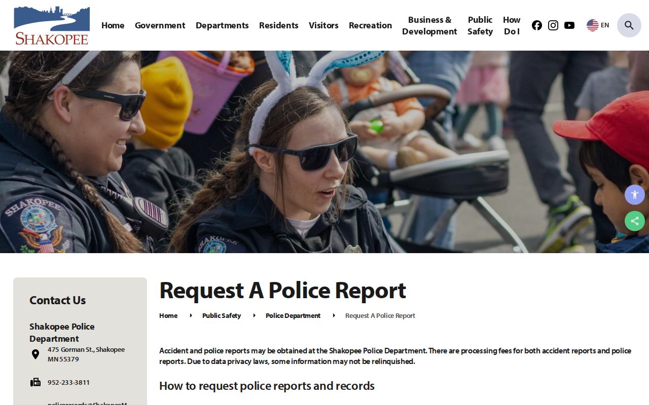 Shakopee police records request page for city warrant records questions