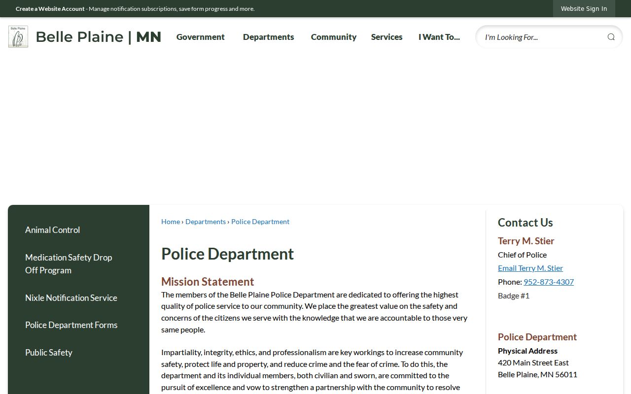 Belle Plaine police department page for city warrant records questions